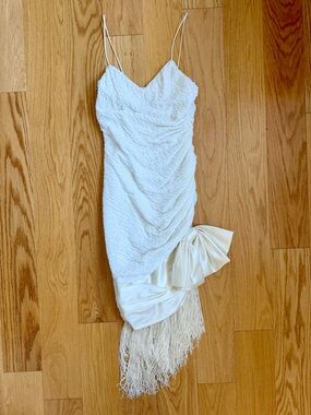 Vintage 80s SAMIR for Antonio Ruspoli Ivory Ruched Silk Fringe Cocktail Dress XS